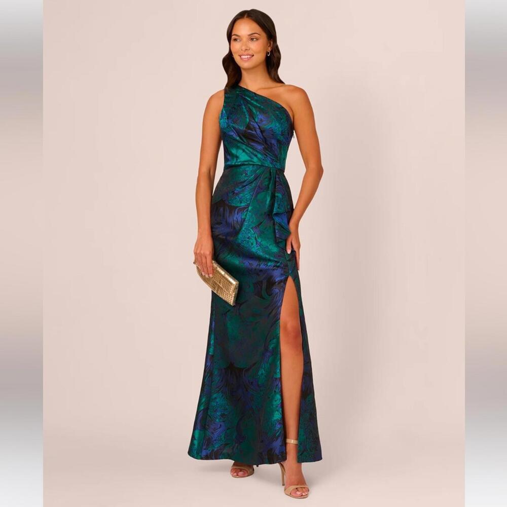 Adrianna Papell One Shoulder Jacquard Mermaid Gown Drape Detail Cobalt Green *8 - Picture 9 of 13